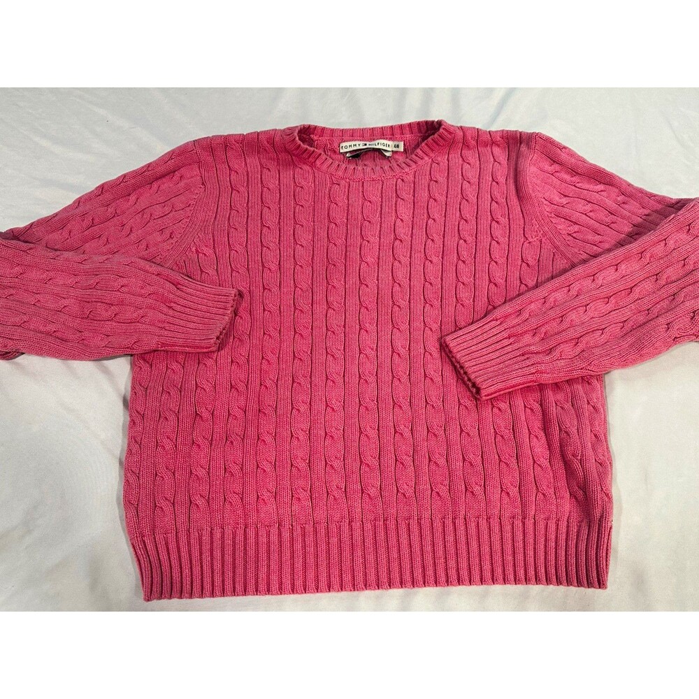 Tommy Hilfiger Women’s XL Pink Cable Knit Sweater Preppy Classic Cotton Crewneck